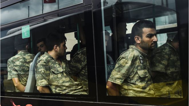 Soldiers detained for suspected coup involvement are brought to court in Istanbul (photo credit: AFP) Soldiers detained for suspected coup involvement are brought to court in Istanbul (photo credit: AFP)