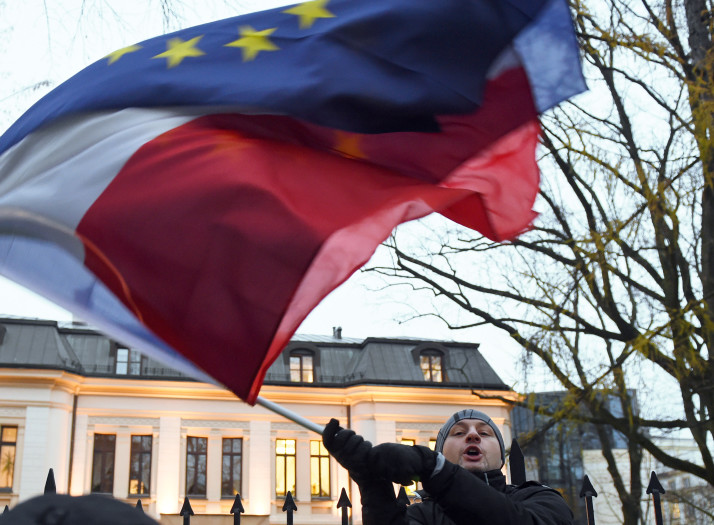 A protester waves flags of Poland and the EU at the Polish Constitutional Court (photo credit: POLITICO) A protester waves flags of Poland and the EU at the Polish Constitutional Court (photo credit: POLITICO)