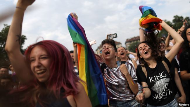 Revellers cheer during the annual Sofia Pride parade in Sofia, Bulgaria, June 9, 2018 (photo credit: Voa News) Revellers cheer during the annual Sofia Pride parade in Sofia, Bulgaria, June 9, 2018 (photo credit: Voa News)