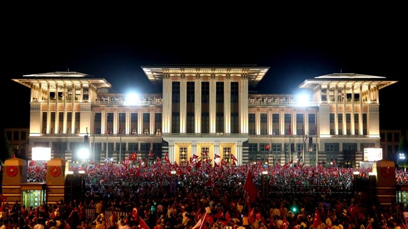 Turkey constitutional referendum set for 16 April after Erdogan approves amendments Supporters of the ruling party gather at the presidential palace (photo credit: AP)
