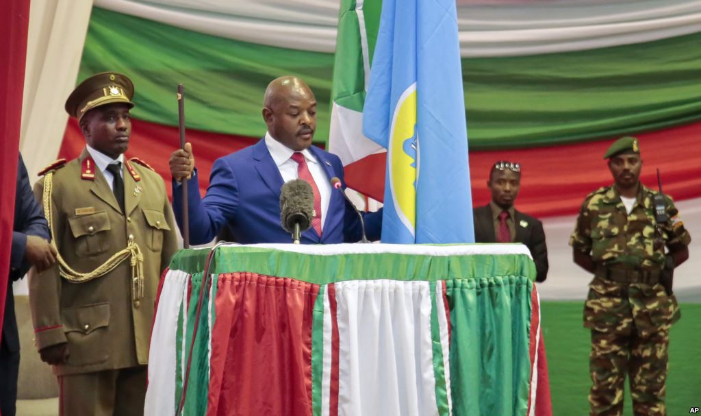 Burundi's President Pierre Nkurunziza is sworn in for a third term at a ceremony in the parliament in Bujumbura, Burundi, Aug. 20, 2015 (photo credit: VoA) Burundi's President Pierre Nkurunziza is sworn in for a third term at a ceremony in the parliament in Bujumbura, Burundi, Aug. 20, 2015 (photo credit: VoA)