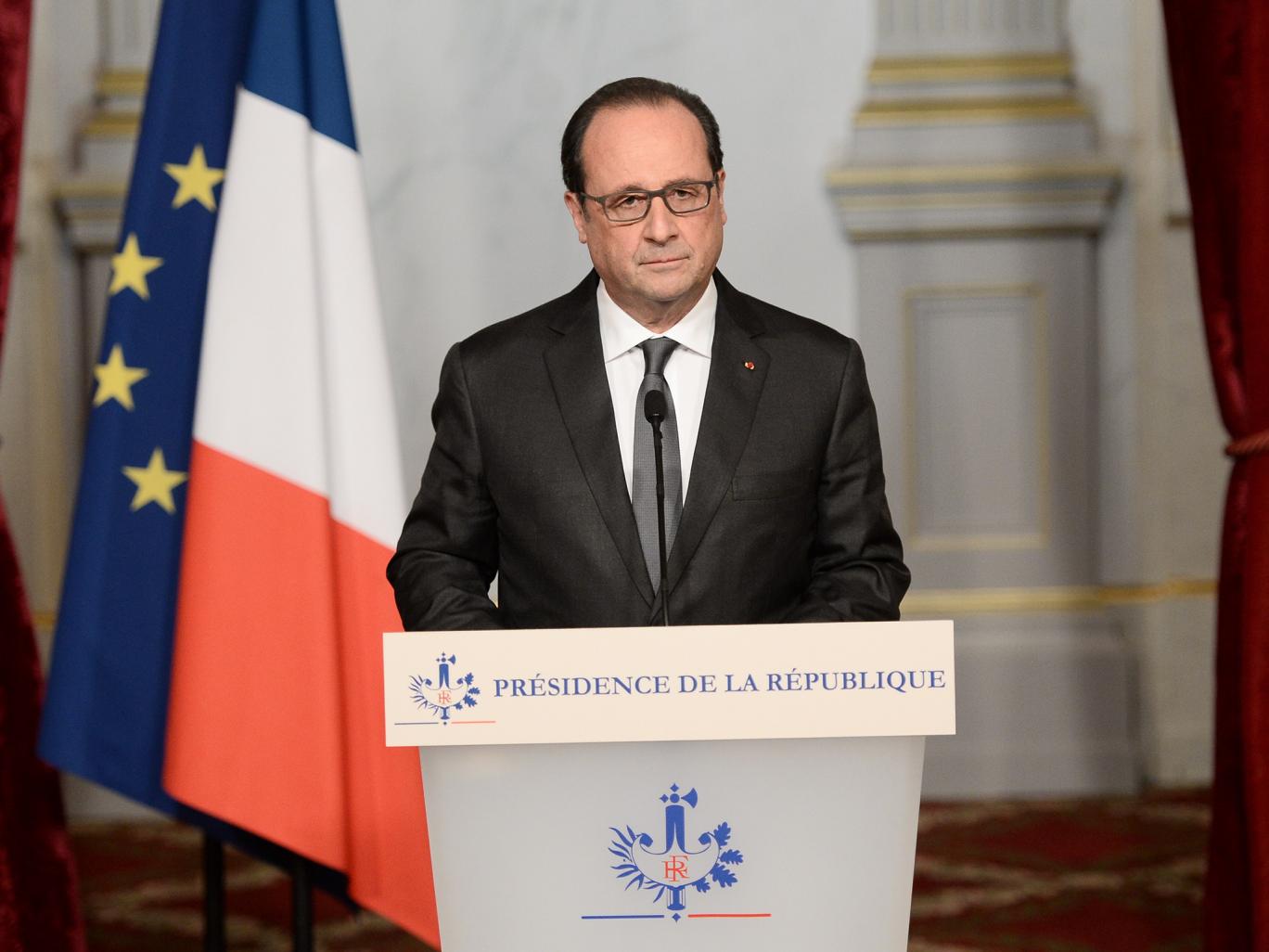 French president Francois Hollande speaks in Paris, following a series of coordinated attacks in and around Paris late on 13 November 2015 (photo credit: Independent) French president Francois Hollande speaks in Paris, following a series of coordinated attacks in and around Paris late on 13 November 2015 (photo credit: Independent)