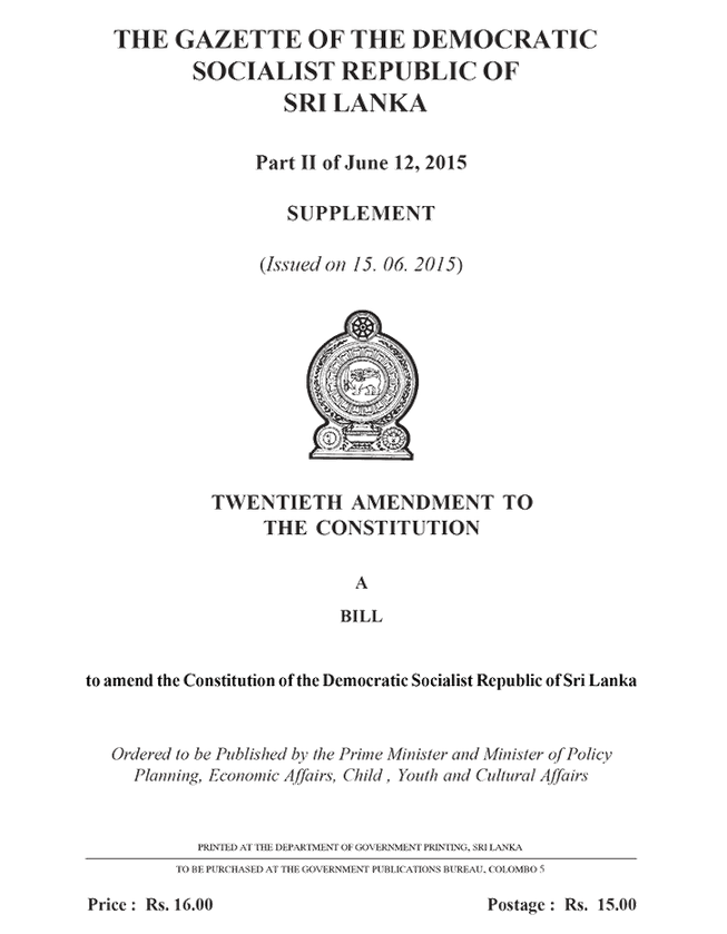 Sri Lanka: Twentieth Amendment Bill to the Constitution Sri Lanka: Twentieth Amendment Bill to the Constitution