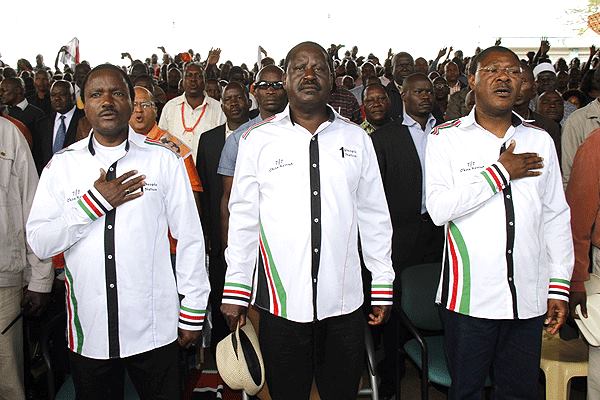 Former Vice President Kalonzo Musyoka, Former Prime Minister Raila Odinga and Bungoma Senator Moses Wetangula at the Saba Saba Rally at Uhuru Park, Nairobi on the 7th of July 2014. They launched the Okoa Kenya Movement during the rally. (photo credit: Courtesy) Former Vice President Kalonzo Musyoka, Former Prime Minister Raila Odinga and Bungoma Senator Moses Wetangula at the Saba Saba Rally at Uhuru Park, Nairobi on the 7th of July 2014. They launched the Okoa Kenya Movement during the rally. (photo credit: Courtesy)