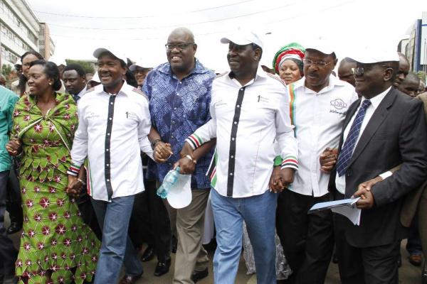 Okoa Kenya leaders Martha Karua, Kalonzo Musyoka, John Githongo, Raila Odinga and Moses Wetang?ula and Okoa Kenya Committee of Experts chairman Paul Mwangi walk to the IEBC offices 9 Nov 2015 (photo credit: The Star) Okoa Kenya leaders Martha Karua, Kalonzo Musyoka, John Githongo, Raila Odinga and Moses Wetang?ula and Okoa Kenya Committee of Experts chairman Paul Mwangi walk to the IEBC offices 9 Nov 2015 (photo credit: The Star)