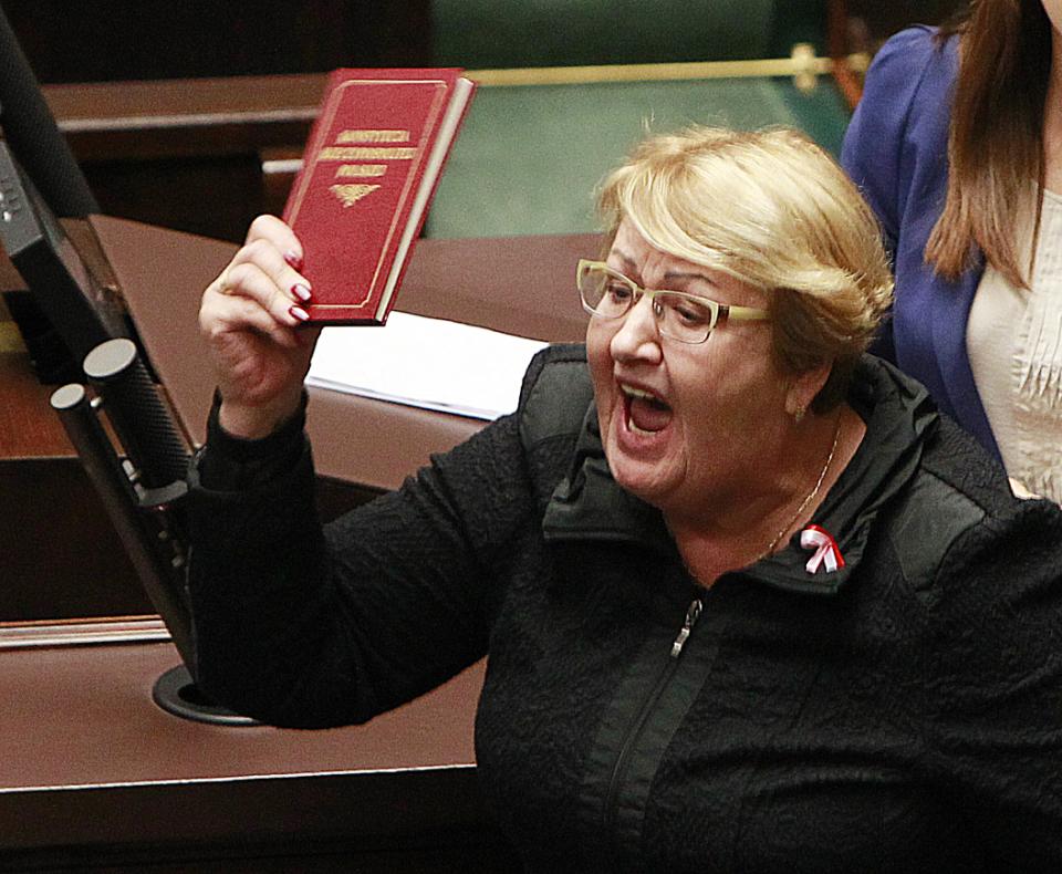 Henryka Krzywonos, a Polish lawmaker and hero of the anti-communist Solidarity movement, appeals to lawmakers to respect the nation’s constitution ahead of a vote on five lawmakers to the Constitutional Tribunal in Warsaw, Poland on Wednesday Dec. 2, 2015. Critics of the right-wing Law and Justice party say the attempts to put supporters on the constitutional court are a violation of democratic norms. (photo credit: AP) Henryka Krzywonos, a Polish lawmaker and hero of the anti-communist Solidarity movement, appeals to lawmakers to respect the nation’s constitution ahead of a vote on five lawmakers to the Constitutional Tribunal in Warsaw, Poland on Wednesday Dec. 2, 2015. Critics of the right-wing Law and Justice party say the attempts to put supporters on the constitutional court are a violation of democratic norms. (photo credit: AP)