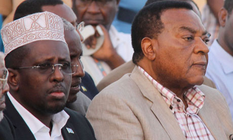 Somalia's President Sheikh Sharif Sheikh Ahmed, left, attends the new parliament's swearing-in ceremony with UN special representative Augustine Mahiga. Photograph: Abdurashid Abdulle/AFP/Getty Images Somalia's President Sheikh Sharif Sheikh Ahmed, left, attends the new parliament