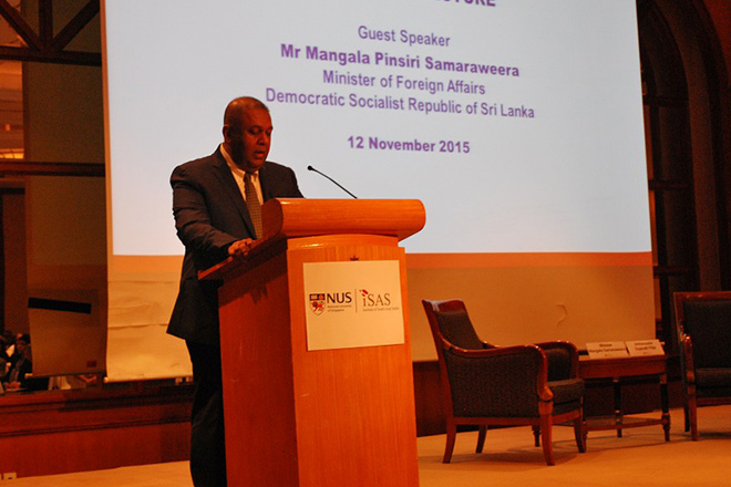 Foreign Minister Mangala Samaraweera delivering a lecture at the National University of Singapore (photo credit: Lanka Business Online) Foreign Minister Mangala Samaraweera delivering a lecture at the National University of Singapore (photo credit: Lanka Business Online)