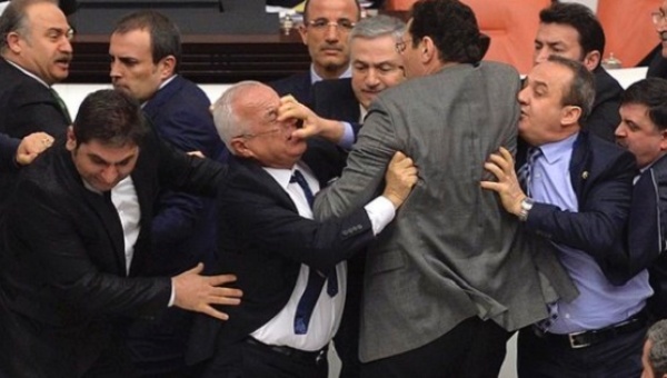 Turkish parliamentary members broke into a violent brawl during a constitutional reforms debate (photo credit: Reuters) Turkish parliamentary members broke into a violent brawl during a constitutional reforms debate (photo credit: Reuters)